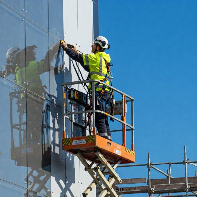 Operator pracujący na podeście ruchomym z zachowaniem zasad BHP – wynajemsprzetu24.pl